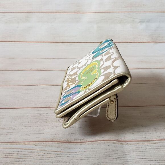 Coach Fabric Leather Logo Wristlet Wallet Metallic Gold Tan Fun Print - Picture 2 of 16